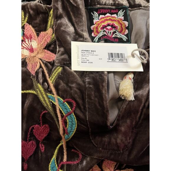 Johnny Was Velvet Pop Over Silk-Blend Shirt Brown XL Boho Embroidered Floral - Picture 5 of 7